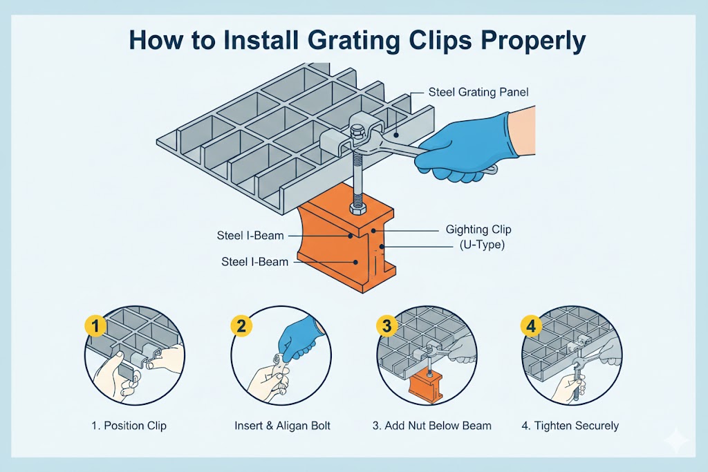 grating clips installation on steel grating panel