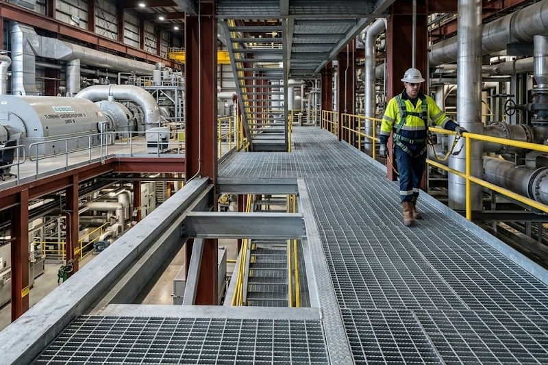 steel grating platform inside power plant facility
