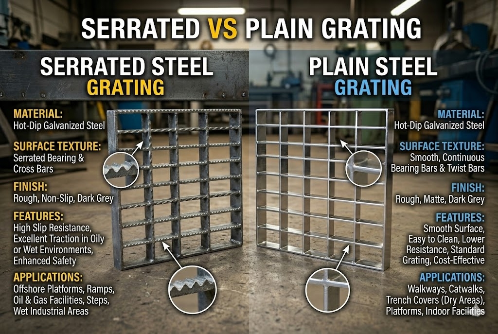 serrated vs plain steel grating comparison