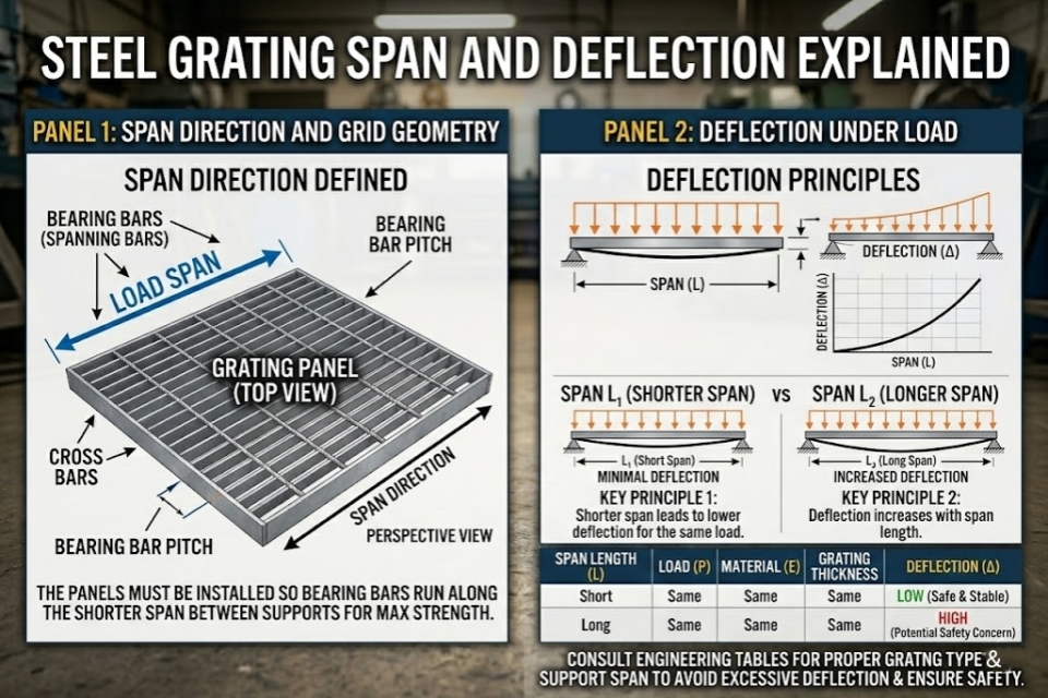 steel grating span direction and deflection diagram